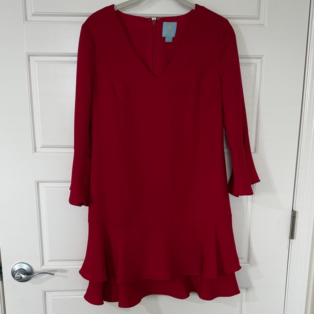 CeCe Red V-Neck Ruffle Sleeve and Hem Dress